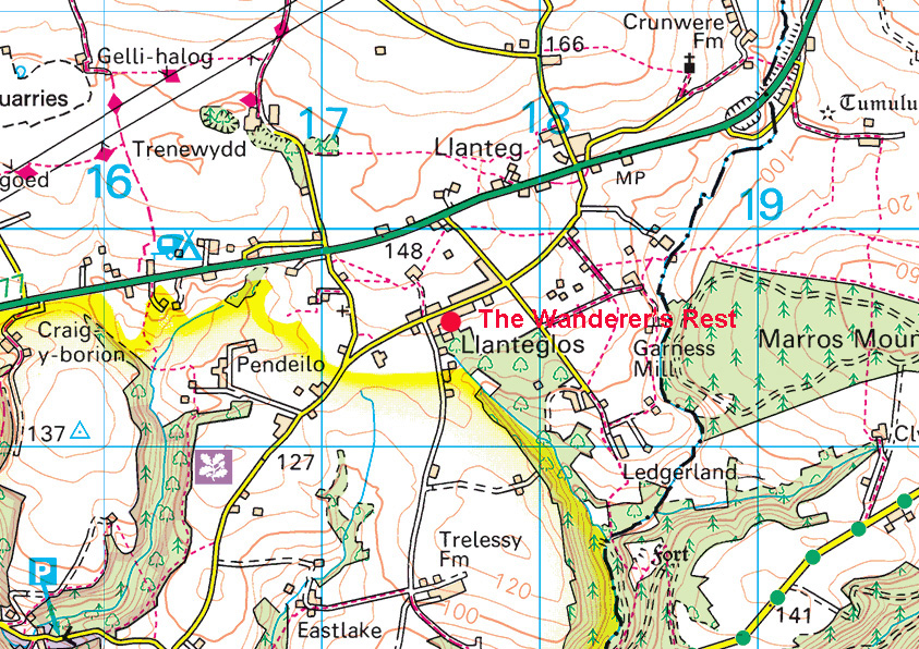 Map of the area around Llanteg